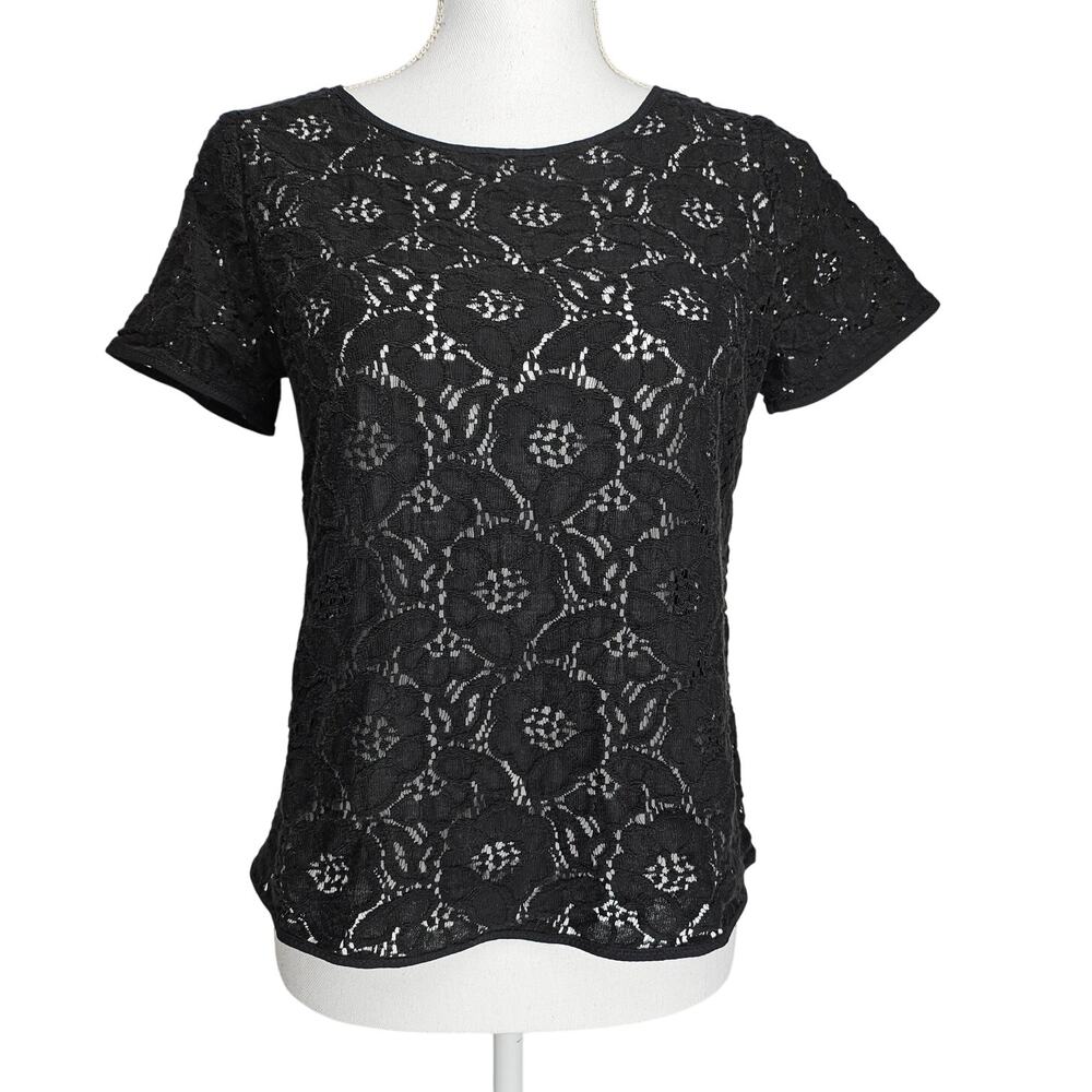 ANN TAYLOR LOFT BLACK FLORAL LACE BLOUSE – SIZE M – SHORT SLEEVE – COTTON BLEND